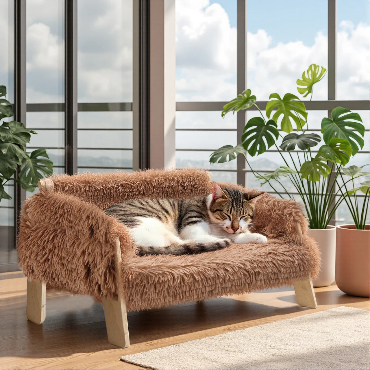 Large Cat Bed Sturdy Wooden Leg Raised Plush Cat Sofa