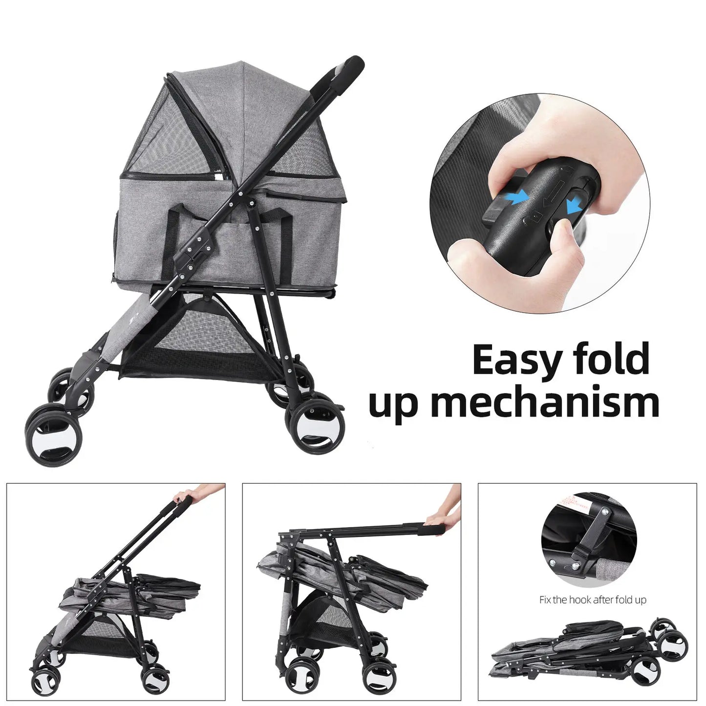Pet Stroller Large 4 Wheel Dog Carrier Trailer Pram with Mesh