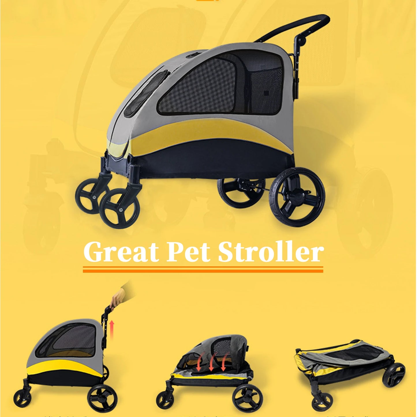 Portable Dog Stroller 4 Wheels for Large Dogs Foldable