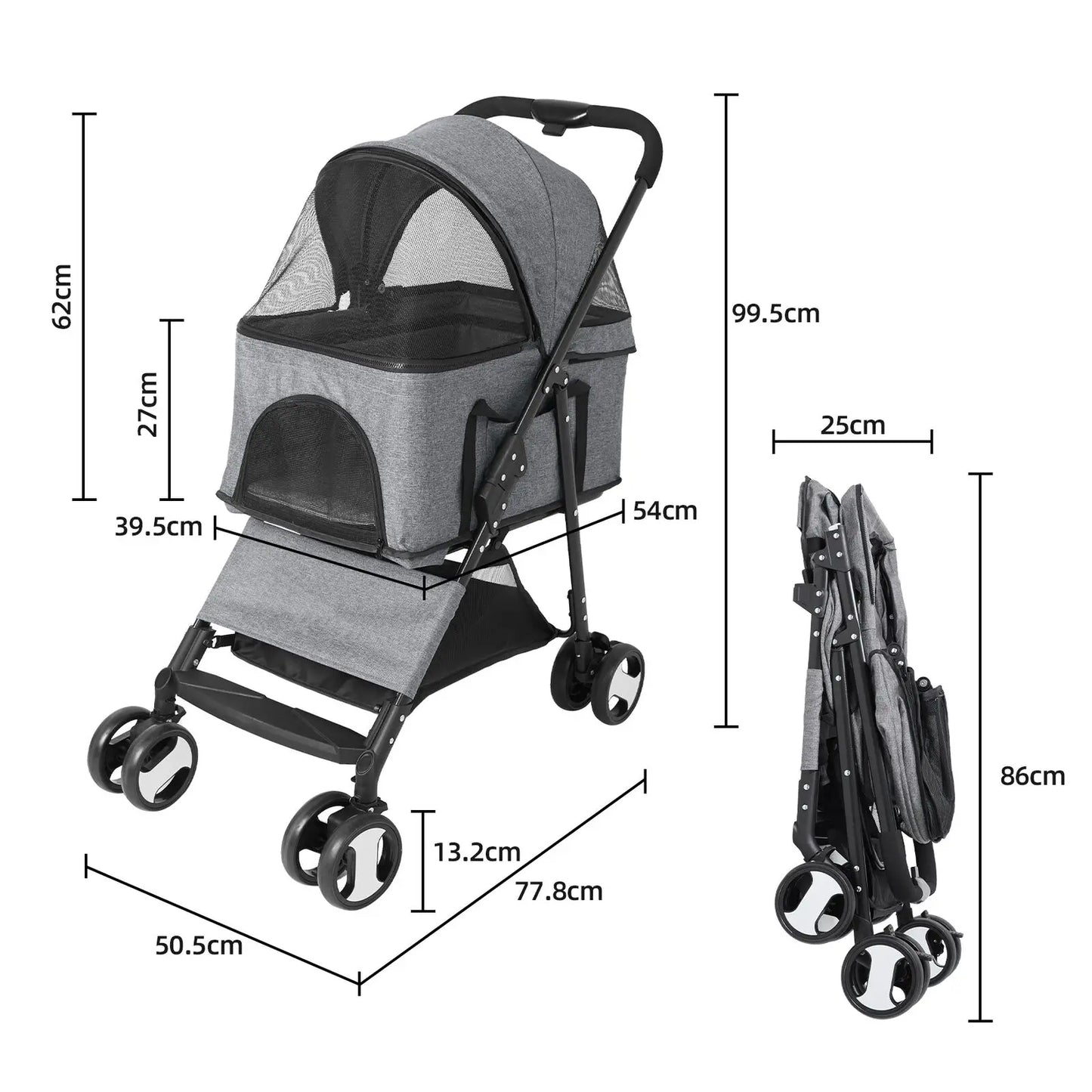 Pet Stroller Large 4 Wheel Dog Carrier Trailer Pram with Mesh