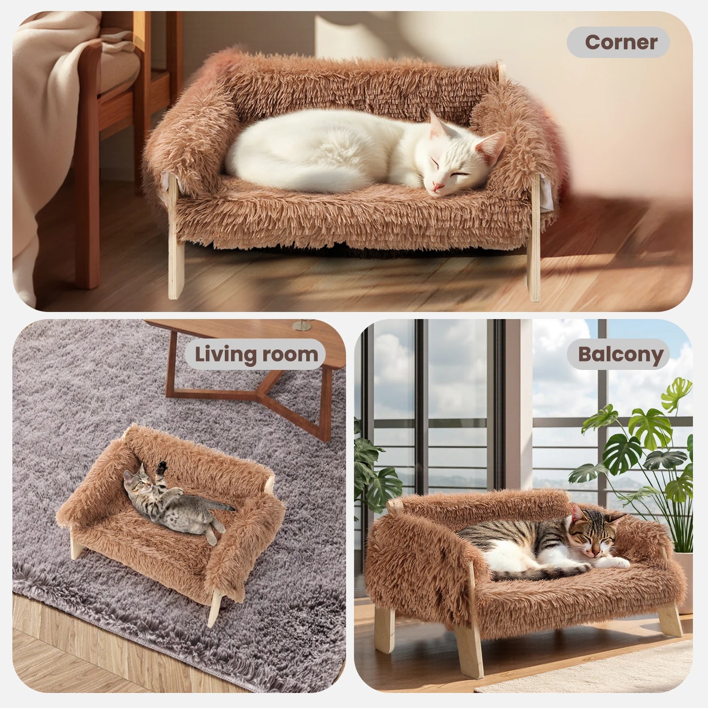 Large Cat Bed Sturdy Wooden Leg Raised Plush Cat Sofa