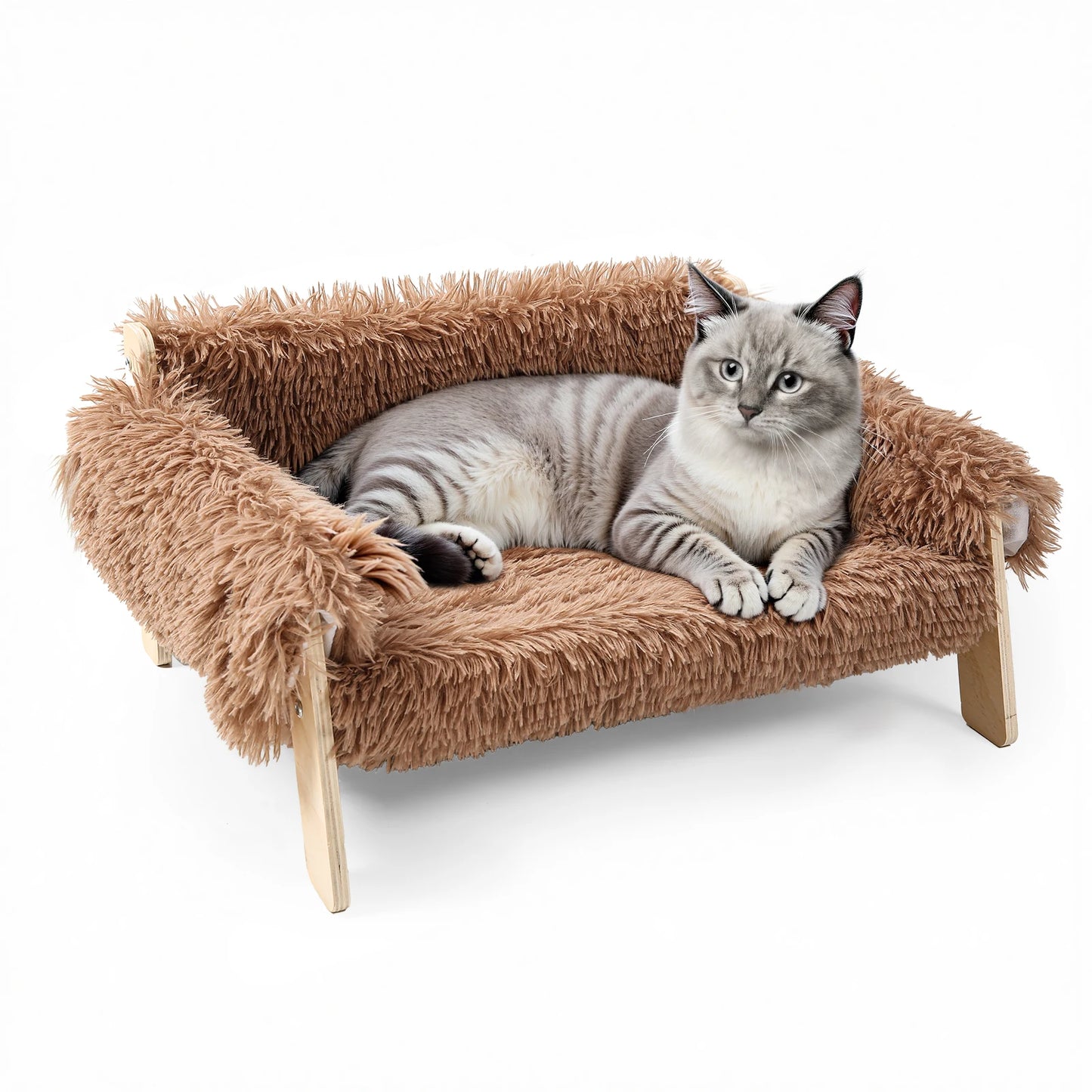 Large Cat Bed Sturdy Wooden Leg Raised Plush Cat Sofa